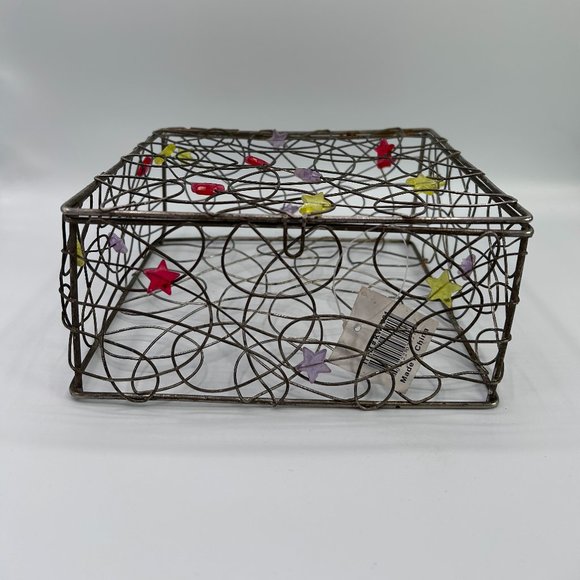 Metal Wire Trinket Organizer Box 7.25" x 7.25" x 3.5" Black Colorful Stars - Picture 2 of 8